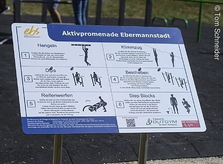 Aktivpromenade (Ebermannstadt, Fränkische Schweiz) Schild mit Anleitungen für Fitnessübungen an der Aktivpromenade Ebermannstadt. Übungen: Hangeln, Klimmzug, Dips, Beinheben, Reifenwerfen, Step Blocks.
