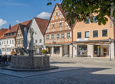 Marktplatz (Ebermannstadt, Fränkische Schweiz) Stadtplatz mit Fachwerkhäusern, einem Brunnen und Geschäften bei sonnigem Wetter.